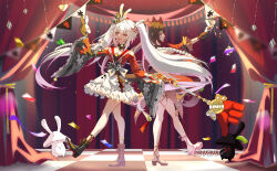  2girls absurdres back bare_legs bare_shoulders black_boots black_choker black_gloves black_hair black_hat black_sash boots braid breasts brown_hair butterfly-shaped_pupils choker circle_facial_mark circus clothing_cutout commentary_request criss-cross_halter curtains detached_sleeves diamond_(shape) diamond_facial_mark diamond_on_cheek dress facial_mark floor flower_tattoo fox_mask frilled_dress frills from_behind from_side gloves gun halterneck hat hat_ornament heart heart_facial_mark heart_on_cheek highres holding holding_gun holding_mask holding_weapon honkai:_star_rail honkai_(series) liwan long_hair long_sleeves looking_at_viewer looking_back mark_under_both_eyes mask mask_on_head mini_hat mini_top_hat multicolored_hair multiple_girls open_mouth pink_eyes plaid_clothes plaid_sleeves rabbit_ear_headwear rabbit_hat_ornament red_dress red_sleeves revolver sash shadow shoulder_cutout single_glove smile snubnosed_revolver sparkle_(honkai:_star_rail) sparxie_(honkai:_star_rail) stage standing standing_on_one_leg supplicant_mask symbol-shaped_pupils tattoo thumbs_up_emoji top_hat twintails very_long_hair waraji weapon white_hair 