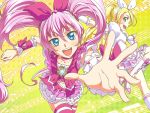  :d blonde_hair blue_eyes blush bow brooch cure_melody cure_rhythm dress earrings green_eyes heart houjou_hibiki jewelry long_hair magical_girl midriff minamino_kanade multiple_girls musical_note nishiwaki open_mouth pink_hair precure skirt smile staff_(music) suite_precure thigh-highs thighhighs twintails very_long_hair wrist_cuffs yellow_background 