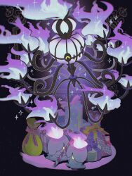  animal_focus black_background box candy candy_cane chandelier chandelure closed_eyes commentary_request fire floating food fukkatsu_no_maya full_body gift gift_box highres litwick looking_at_viewer mega_chandelure no_humans pokemon pokemon_(creature) purple_fire simple_background smile standing violet_eyes yellow_eyes 