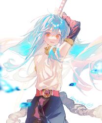  1other androgynous bare_shoulders belt belt_buckle black_pants black_sleeves blue_hair buckle chinese_commentary commentary_request cowboy_shot detached_sleeves floating_hair glint gold_choker gold_collar gold_trim grin highres holding holding_behind_back holding_sword holding_sword_behind_back holding_weapon holding_weapon_behind_back long_hair looking_at_viewer other_focus pants procreate_(medium) red_belt rimuru_tempest shirt signature simple_background sleeveless sleeveless_shirt smile solo sword tail tensei_shitara_slime_datta_ken very_long_hair weapon white_background white_shirt yangjiaming48015 yellow_eyes 
