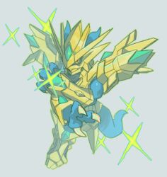  765_nanami armor chibi digimon digimon_(creature) dragon forehead_jewel gold_armor gold_helmet grey_background highres magnamon magnamon_x-antibody red_eyes simple_background solo sparkle 