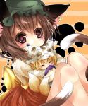  animal_ears bad_id blush brown_eyes brown_hair cat_ears cat_paws cat_tail character_doll chen chibi closed_eyes emia eyes_closed fox_tail hat hug minigirl multiple_girls multiple_tails object_hug paws short_hair solo tail touhou yakumo_ran 