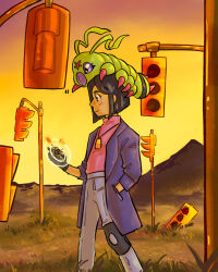  1boy antennae black_hair coat colored_skin day digimon digimon_(creature) digimon_adventure_02 digimon_on_head grass green_skin grey_pants hand_in_pocket highres holding ichijouji_ken knee_pads open_clothes open_coat outdoors pants pink_hair purple_coat single_knee_pad sky sunset the-east-art traffic_light violet_eyes wormmon yellow_sky 