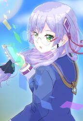  1girl commentary_request earpiece glasses green_eyes hair_ornament hair_tie heaven_burns_red holding holding_phone izumi_yuki_(heaven_burns_red) long_hair looking_at_viewer na2taho_illust phone purple_hair 