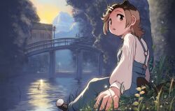  1girl animal_ears beaver_ears beaver_girl beaver_tail bridge brown_eyes brown_hair commentary_request eurasian_beaver_(kemono_friends) extra_ears hair_ornament hairpin highres kemono_friends kemono_friends_3 looking_at_viewer mcgunngu outdoors overalls shirt shoes short_hair solo tail 