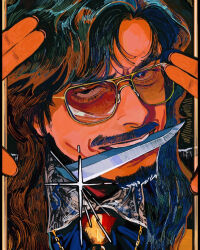  1boy beard black_eyes black_hair black_shirt character_request collared_shirt commentary_request facial_hair glasses goatee highres jewelry knife long_hair looking_at_viewer male_focus necklace orange-tinted_eyewear portrait shirt smile solo tinted_eyewear twilight_of_the_warriors:_walled_in user_mzen8374 weapon_in_mouth yellow-framed_eyewear 