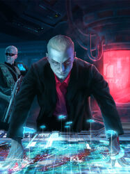  2boys absurdres black_jacket blonde_hair cable commentary cowboy_shot english_commentary eve_online gabriel_cassata gallente_federation_(eve_online) glowing gun highres holding holding_gun holding_weapon hologram indoors jacket leaning_forward long_sleeves looking_at_viewer male_focus map multiple_boys nose official_art open_clothes open_jacket photoshop_(medium) pirate_faction_(eve_online) procreate_(medium) red_shirt science_fiction serpentis_(eve_online) shirt short_hair sunglasses upper_body v-shaped_eyebrows very_short_hair weapon 