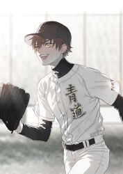 1boy ace_of_diamond artist_name baseball_cap baseball_mitt baseball_uniform belt black_belt bloodcat_(babacatcat) brown_hair commentary dated hat highres layered_sleeves long_sleeves male_focus open_mouth pants sawamura_eijun shirt_under_shirt short_over_long_sleeves short_sleeves solo sportswear sweat teeth untranslatable_commentary white_pants yellow_eyes 