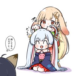  3girls ahoge animal_ears bare_shoulders blush_stickers chibi cho_kaguya-hime! facing_another fox_ears hair_ornament hair_rings hair_stick halterneck highres kaguya_(cho_kaguya-hime!) long_hair long_sleeves looking_at_another lop_rabbit_ears mitsuki/saniya multiple_girls open_mouth orange_eyes partially_translated rabbit_ears runami_yachiyo sakayori_iroha seiza sitting sleeves_past_fingers sleeves_past_wrists smile speech_bubble thought_bubble translation_request twintails very_long_hair white_background wide_sleeves 
