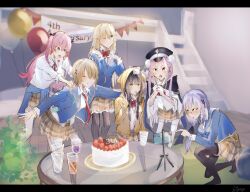  6+girls aikawa_megumi asakura_karen_(heaven_burns_red) balloon black_hair blonde_hair bow bowtie brown_hair cake commentary_request food glasses green_eyes group_picture hair_ornament hairpin heaven_burns_red highres hood hooded_jacket htpny izumi_yuki_(heaven_burns_red) jacket kayamori_ruka kunimi_tama long_hair low_twintails multiple_girls necktie pink_hair purple_hair red_bow red_bowtie ribbon sailor strawberry_cake table toujou_tsukasa twintails v 