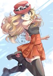  1girl black_boots black_shirt black_thighhighs blonde_hair blue_eyes boots breasts closed_mouth eyewear_on_headwear hat long_hair looking_at_viewer outstretched_arm pink_hat pokemon pokemon_xy red_hat red_skirt serena_(pokemon) shirt skirt sleeveless sleeveless_shirt solo sunglasses thigh-highs white-framed_eyewear yomogi_(black-elf) 