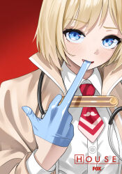  1girl absurdres ascot blonde_hair blue_eyes blush brown_jacket collared_shirt commentary copyright_name english_commentary eyelashes gloves gurumie highres hololive hololive_english house_m.d. jacket latex latex_gloves looking_at_viewer red_ascot shirt short_hair solo stethoscope upper_body virtual_youtuber watson_amelia white_shirt 