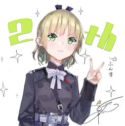  1girl anniversary belt black_jacket black_ribbon blonde_hair bow bowtie closed_mouth commentary_request green_eyes hair_ribbon half_updo hand_up heaven_burns_red jacket long_sleeves looking_at_viewer military_uniform nanase_nanami_(heaven_burns_red) official_artist_extra puff_of_air ribbon short_hair sidelocks signature simple_background solo sound_effects upper_body v v-shaped_eyebrows white_background white_belt white_bow white_bowtie yuugen 