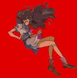  1girl bobby_socks brown_eyes brown_hair diamond_wa_kudakenai film_grain floating_hair full_body highres jojo_no_kimyou_na_bouken loafers long_hair looking_to_the_side midriff_peek motunikomi neckerchief red_background school_uniform serafuku shoes short_sleeves sketch skirt socks solo very_long_hair yamagishi_yukako 