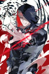  1boy absurdres animal black_jacket closed_mouth commentary_request highres hood hood_up hooded_jacket itadori_yuuji jacket jujutsu_kaisen jujutsu_kaisen_modulo looking_at_viewer male_focus pink_hair reaching reaching_towards_viewer red_background red_eyes scar scar_on_face scar_on_forehead scar_on_mouth serious short_hair simple_background solo tiger tuuu06167427 white_tiger zipper zipper_pull_tab 