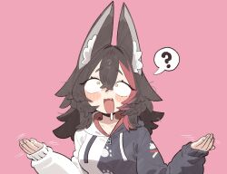  1girl :d ? animal_ears black_hair black_hoodie blush cocomayo29_(tomato) commentary drooling fang flipped_hair hands_up highres hololive hood hoodie long_sleeves looking_up motion_lines multicolored_hair ookami_mio ookami_mio_(hoodie) open_mouth pink_background red_streaks simple_background sleeves_past_wrists smile solo streaked_hair two-tone_hoodie untranslatable_commentary virtual_youtuber white_hoodie wide-eyed wolf_ears wolf_girl yellow_eyes 