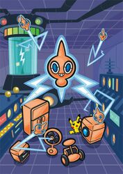  artist_request blue_eyes cable electric_fan floating grin indoors lawnmower lowres microwave no_humans official_art open_mouth pikachu pokemon pokemon_(creature) pokemon_focus refrigerator rotom rotom_(normal) smile teeth third-party_source washing_machine 