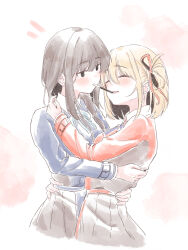  2girls absurdres blonde_hair blue_dress blush brown_hair closed_eyes dress food hair_ribbon hand_on_another's_shoulder hand_on_another's_waist highres inoue_takina long_hair lycoris_recoil multiple_girls nishikigi_chisato one_side_up parted_lips pink_background pocky pocky_kiss red_dress red_ribbon ribbon short_hair white_background yeahuzen167 yuri 