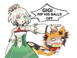  2girls :o ascot blush_stickers braid brown_hair cecilia_immergreen cecilia_immergreen_(1st_costume) cowboy_shot derivative_work detached_collar detached_sleeves doll_joints doreedogawa dress english_text gigi_murin gigi_murin_(1st_costume) green_dress green_eyes green_hair hashtag-only_commentary hololive hololive_english hood hooded_shrug ibispaint_(medium) joints motion_blur multicolored_hair multiple_girls o_o orange_hood orange_shrug outstretched_arm pointing red_ascot sharp_teeth short_hair shrug_(clothing) simple_background single_braid standing teeth two-tone_hair virtual_youtuber white_background white_hair winding_key 