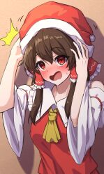  1girl adjusting_clothes adjusting_headwear ascot bare_shoulders blush bow breasts brown_background brown_hair collared_vest commentary_request detached_sleeves double-parted_bangs embarrassed frilled_bow frilled_hair_tubes frills hair_between_eyes hair_bow hair_tubes hakurei_reimu hands_up hat large_bow long_sleeves medium_breasts motion_lines nontraditional_miko nose_blush notice_lines open_mouth pom_pom_(clothes) red_bow red_eyes red_hat red_skirt red_vest santa_hat shadow skirt skirt_set sleeveless sleeveless_jacket solo sweatdrop tented_vest tongue touhou two-tone_headwear upper_body vest white_bow white_hat white_sleeves wide_sleeves yellow_ascot yosshy 