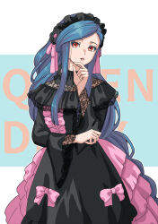  1girl black_dress black_headdress blue_background blue_hair bow character_name commentary_request dizzy_(guilty_gear) dress english_text frilled_headwear guilty_gear guilty_gear_strive hair_ribbon headdress lace-trimmed_dress lace_trim long_hair long_sidelocks long_sleeves looking_at_viewer miyama_karasu parted_bangs parted_lips pink_bow pink_ribbon queen_dizzy red_eyes ribbon sidelocks simple_background two-tone_background upper_body very_long_hair white_background wide_sleeves 