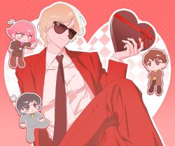  1girl 3boys :< arasa_ol_haman-sama black_jacket black_necktie black_skirt blonde_hair blue_eyes blue_jacket blue_pants blush_stickers brown_coat brown_hair brown_pants char_aznable chibi closed_mouth coat collared_shirt commentary crossed_arms crossed_legs english_commentary flying_sweatdrops frown furrowed_brow gundam haman_karn hand_on_own_hip heart heart_background highres id_card jacket judau_ashta kamille_bidan lanyard lapels long_sleeves looking_at_viewer multiple_boys necktie notched_lapels open_clothes open_coat open_mouth outline pants pink_hair pink_shirt pointing pronakser puff_of_air quattro_bajeena rectangular_mouth red_jacket red_pants shirt short_hair sitting skirt smile sunglasses v-shaped_eyebrows valentine violet_eyes white_outline white_shirt wing_collar yellow_necktie yellow_shirt 