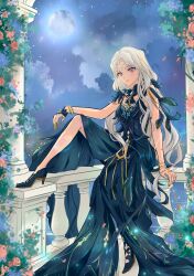  1girl absurdres anabellnordin arm_on_knee blue_dress blue_shoes bracelet chest_jewel clouds cloudy_sky dress ferroniere finger_claws flower highres jewelry long_dress long_hair looking_at_viewer moon night original pillar shoes sitting sky solo star_(sky) tagme violet_eyes white_hair 