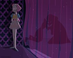  3girls arm_behind_back blue_diamond_(steven_universe) blue_eyes clenched_teeth commentary curtains english_commentary forehead_jewel full_body gem gem_(steven_universe) hand_up high_heels index_finger_raised kneeling multiple_girls official_style pearl_(steven_universe) short_hair short_sleeves silhouette smile standing steven_universe teeth timehuntress yellow_diamond_(steven_universe) yuri 