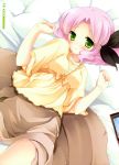  blush cafe_sourire green_eyes hair_ribbon highres lying mizushima_kasumi natsume_eri pillow pink_hair ribbon short_hair smile 