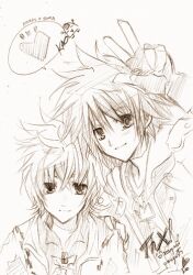  2boys character_name commentary fingerless_gloves gloves graphite_(medium) hand_on_another's_shoulder hand_up heart jacket jewelry kaokmchan kingdom_hearts kingdom_hearts_ii light_smile looking_at_viewer lowres male_focus monochrome multiple_boys necklace pendant roxas short_hair signature sketch sora_(kingdom_hearts) spiky_hair spoken_heart thai_text traditional_media translation_request untranslatable_commentary v 
