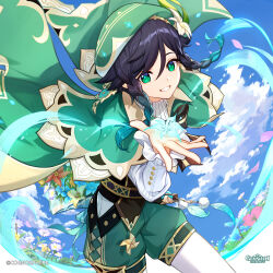  1boy absurdres aqua_hair beret black_bow black_bowtie black_hair blue_sky bow bowtie braid brown_corset cape capelet cecilia_flower_(genshin_impact) clouds collared_capelet commentary company_name copyright_logo copyright_name copyright_notice corset day english_commentary floating_cape floating_hair flower frilled_sleeves frills genshin_impact gradient_hair green_cape green_capelet green_eyes green_hat green_shorts grin hair_between_eyes hair_flower hair_ornament hat highres logo long_sleeves looking_at_viewer male_focus medium_hair multicolored_hair official_art outdoors outstretched_arm pantyhose pink_flower pom_pom_(clothes) puffy_shorts shirt short_shorts shorts side_braids sky smile solo standing teeth twin_braids two-sided_cape two-sided_fabric venti_(genshin_impact) vision_(genshin_impact) white_flower white_pantyhose white_shirt yellow_flower 