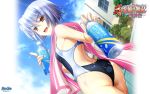  blue_hair bottle competition_swimsuit from_below highres kayuu koihime_musou looking_back one-piece_swimsuit red_eyes saeki_hokuto short_hair swimsuit towel water_bottle wet 
