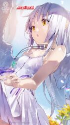  1girl :o angel angel_beats! angel_wings bare_arms bare_shoulders blue_sky breasts copyright_name copyright_notice cowboy_shot day dress dress_ribbon dutch_angle feathered_wings floating_hair flower heaven_burns_red highres jewelry key_(company) long_hair looking_down necklace official_alternate_costume official_art official_wallpaper open_mouth outdoors purple_ribbon ribbon sidelocks skirt_hold sky sleeveless sleeveless_dress small_breasts solo sundress tachibana_kanade very_long_hair white_dress white_hair white_wings wings yellow_eyes yellow_flower 