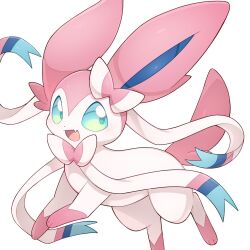  animal_focus aqua_eyes blush cosmos3572 highres no_humans open_mouth pokemon pokemon_(creature) pokemon_focus simple_background smile solo sylveon white_background 