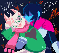  >_< 1boy 1other :3 ? absurdres animal_ears antenna_hair black_bodysuit black_hair blush bodysuit closed_mouth commentary cuirass deltarune english_commentary furry furry_male gauntlets glasses green-framed_eyewear hand_on_own_forehead heart highres horns kris_(dark_world)_(deltarune) kris_(deltarune) long_sleeves looking_at_another no_eyes open_mouth pink_scarf ralsei robablo round_eyewear scarf shaded_face short_hair smile speech_bubble spoken_question_mark thought_bubble utdr_(toby_fox) x3 