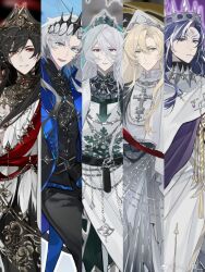  5boys :d aiguillette alkaid_mcgrath alkaid_mcgrath_(god_forsaken_land) aqua_eyes ayn_alwyn ayn_alwyn_(god_forsaken_land) belt black_belt black_cape black_gloves black_hair black_pants black_sash black_shirt blonde_hair blue_eyes blue_hair braid cael_anselm cael_anselm_(god_forsaken_land) cape chinese_commentary clarence_clayden clarence_clayden_(god_forsaken_land) clerical_collar cloak closed_mouth column_lineup contrast_lapels cowboy_shot crescent crescent_facial_mark cross cross_earrings crown curtained_hair earrings expressionless facial_mark forehead_mark gem gloves gold_collar gorget green_eyes green_veil grey_hair grey_sash hair_between_eyes hat head_chain highres jewelry lapels lars_rorschach lars_rorschach_(god_forsaken_land) long_hair long_hair_between_eyes long_sleeves looking_at_viewer lovebrush_chronicles male_focus mandarin_collar mitre mole mole_under_eye multicolored_hair multiple_boys necklace notched_lapels official_alternate_hair_color pants parted_lips plunging_neckline pointed_crown purple_cloak red_eyes red_gem red_ribbon red_sash red_snake ribbon robe rosary sash see-through_clothes see-through_veil shirt shoulder_sash side_braid silver_necklace smile snowflake_print streaked_hair sweater_guard tiara tunic veil very_long_hair violet_eyes waist_sash wallet_chain watermark weibo_watermark white_cape white_cloak white_hair white_hat white_robe white_streaks white_tunic xuwu_xiao_mao 