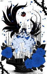  arjuna_625 asymmetrical_horns bare_legs birdcage black_hair black_horns black_wings blue_flower blue_petals bridal_veil cage closed_eyes clothes_lift commentary demon_horns dress dress_lift english_commentary falling_petals flower highres hololive hololive_english horn_flower horns jailbird_(nerissa_ravencroft) long_hair nerissa_ravencroft oyomeholic_(nerissa_ravencroft) petals strapless strapless_dress string string_of_fate thorns uneven_horns veil wedding_dress white_background white_dress wings 