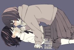  2girls blush closed_mouth collared_shirt commentary_request ear_blush eye_contact fujii_ayame futsuu_no_keion-bu grey_background hatono_chihiro highres holding_hands hood hoodie interlocked_fingers kanminec0 looking_at_another multiple_girls pleated_skirt school_uniform shirt short_hair simple_background skirt sweat watermark yuri 
