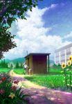  building cloud clouds extra flower footwear grass haitaka hand_holding holding_hands long_hair school_uniform shed skirt sky socks sunflower tree 