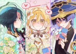  1girl 2boys ahoge anemo_symbol_(genshin_impact) aqua_hair armor bare_shoulders bead_necklace beads bishie_sparkle black_bodysuit black_bridal_gauntlets black_gloves black_sleeves blonde_hair blue_flower blue_gem blue_hat blue_jingasa blue_sleeves blunt_ends blush bodysuit bouquet box bracelet bridal_gauntlets bud choppy_bangs closed_mouth colored_inner_hair column_lineup covered_collarbone detached_sleeves dress eyeliner facial_mark fingernails flower forehead_mark gem genshin_impact gift gift_box giving gloves gold gold_ring gold_trim hair_between_eyes hair_flower hair_intakes hair_ornament hand_up hands_on_own_face hat heart highres holding holding_bouquet holding_box inteyvat_flower_(genshin_impact) japanese_armor japanese_clothes jewelry jingasa kimono kote kurokote kykuma4 layered_sleeves leaf light_blush looking_at_viewer lumine_(as_heaven_and_earth_are_made_anew)_(genshin_impact) lumine_(genshin_impact) makeup middle_ring multicolored_flower multicolored_hair multiple_boys multiple_views neck_tassel necklace official_alternate_costume open_clothes open_kimono parted_lips pink_ribbon purple_hair red_eyeliner ribbon rose scaramouche_(genshin_impact) short_hair short_hair_with_long_locks short_sleeves shoulder_peek sidelocks smile spoken_heart tassel tsurime turtleneck turtleneck_bodysuit twitter_username violet_eyes vision_(genshin_impact) wanderer_(genshin_impact) white_bridal_gauntlets white_day white_dress white_flower white_kimono white_mouth white_rose white_sleeves xiao_(genshin_impact) yellow_eyes yellow_flower 