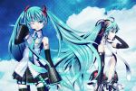  aqua_hair bridal_gauntlets cloud clouds detached_sleeves dual_persona elbow_gloves gloves hatsune_miku hatsune_miku_(append) headset long_hair miku_append navel necktie shin_psalm skirt sky smile thigh-highs thighhighs twintails very_long_hair vocaloid vocaloid_append wink 
