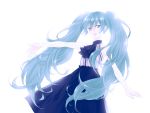  blue_eyes blue_hair dress halter_neck hatsune_miku open_mouth outstretched_arm twintails very_long_hair vocaloid white 