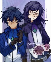  2boys adjusting_clothes adjusting_gloves artist_name belt belt_buckle black_belt black_gloves black_hair blue_jacket brown_eyes buckle celestial_being_uniform character_name chibi chibi_inset closed_mouth cropped_jacket dark-skinned_male dark_skin glasses gloves gundam gundam_00 hair_between_eyes hand_on_own_hip highres jacket kanzou_itame long_sleeves looking_at_another male_focus multiple_boys open_clothes open_jacket protected_link purple_hair purple_jacket semi-rimless_eyewear setsuna_f._seiei shirt short_hair smile tieria_erde twitter_username under-rim_eyewear white_shirt yellow_eyes 