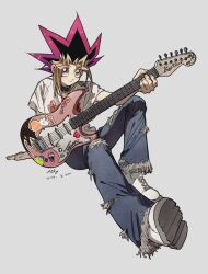  1boy 2026 aiky black_choker black_hair blonde_hair choker dated denim electric_guitar grey_background guitar highres instrument jeans male_focus multicolored_hair muto_yugi pants red_hair shirt shoes signature sitting smile spiky_hair sticker t-shirt torn_clothes torn_jeans torn_pants violet_eyes white_shoes yu-gi-oh! 