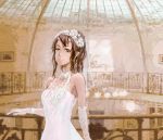  brown_eyes brown_hair dress elbow_gloves gloves horns one-eyed original sasagawa_(haikaiki) scar short_hair slit_pupils solo wedding_dress 