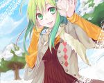  clouds covering_ears dutch_angle earmuffs green_eyes green_hair gumi hands_on_earmuffs jacket lace open_mouth scarf short_hair sky snow tree vocaloid 