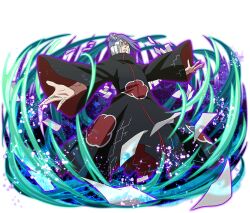  1girl akatsuki_uniform black_coat brown_eyes coat konan_(naruto) looking_at_viewer naruto_(series) naruto_shippuuden naruto_shippuuden:_ultimate_ninja_blazing official_art orange_nails paper print_coat purple_hair short_hair solo teeth upper_teeth_only 