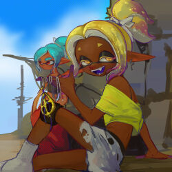  2girls absurdres blonde_hair blue_hair colored_eyelashes colored_fingertips colored_tongue crop_top dark-skinned_female dark_skin earrings fangs fish_hook_earrings frye_(splatoon) frye_(splatoon_raiders) half-closed_eyes highres inkling jewelry knee_pads long_eyelashes long_pointy_ears mechanic_(splatoon_raiders) midriff multiple_girls nakamaslee official_alternate_costume on_ground open_mouth pointy_ears purple_tongue red_eyes short_eyebrows single_knee_pad sitting smile splatoon_(series) splatoon_raiders tentacle_hair yellow_eyes 