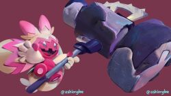  ashionglee commentary english_commentary eyelashes full_body hammer holding holding_hammer instagram_username open_mouth pokemon pokemon_(creature) pokemon_focus purple_background simple_background smile solo stitched tinkaton 