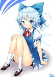  absurdres ahoge aikawa_ryou blue_dress blue_eyes blue_hair blush bow cirno dress fairy hair_bow highres legs mary_janes short_hair sitting smile socks solo touhou white_legwear white_socks wings 